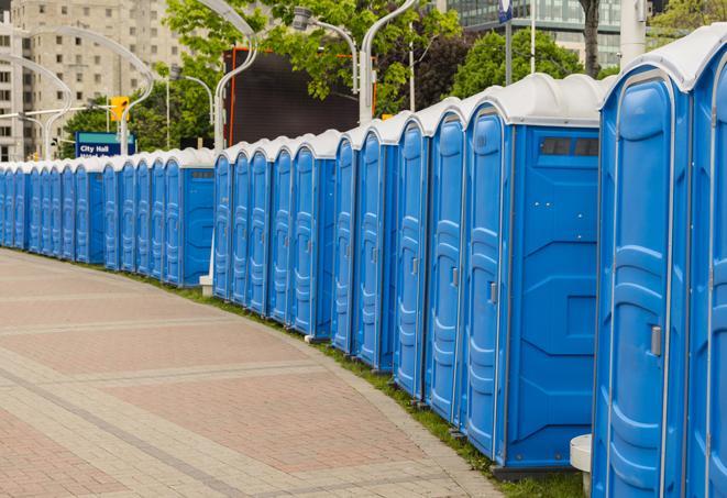 a fleet of portable restrooms ready for use at a large outdoor wedding or celebration in Lyons